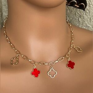 Trendy Gold and Red Clover Necklace